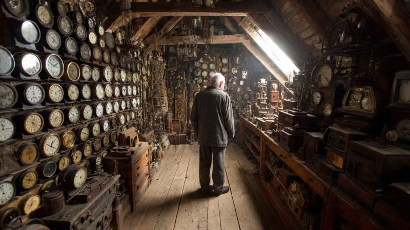 old man looking at his collection of clocks