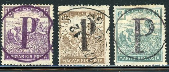 Hungary 6-15-20 filler stamps with P in circle overprint - Porto overprint postage due stamp