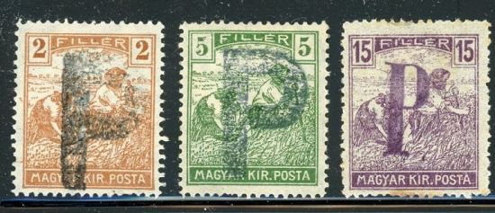 Hungary 2-5-15 filler stamps with P overprint - Porto overprint postage due stamp