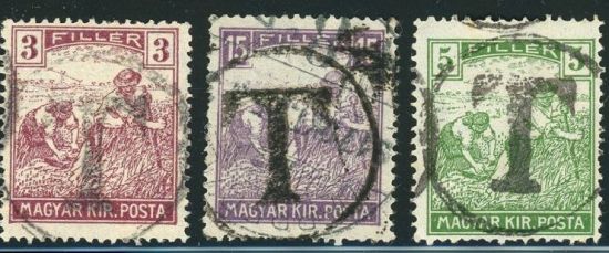 Hungary 3-5-15 filler stamps with T in circle overprint - Porto overprint postage due stamp