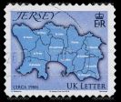 A stamp from Jersey with the map of Jersey